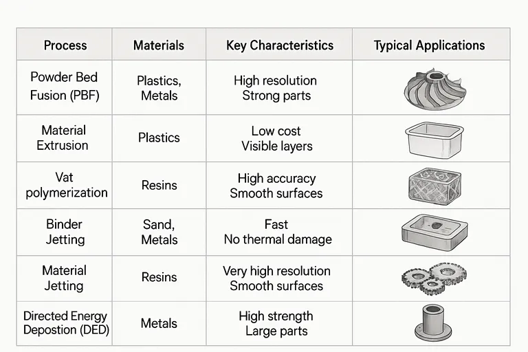 Belangrijkste ADDIT-processen en materialen